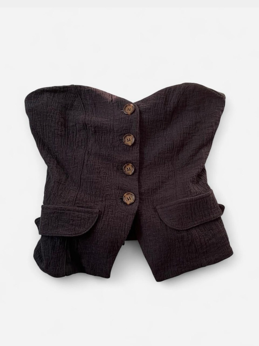 Anthropologie Black Strapless Textured Button Crop Top